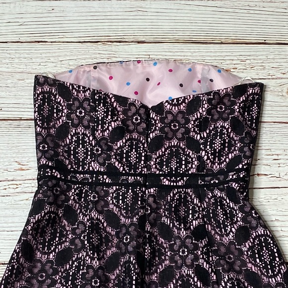 Helen Wang NYC Pink with Black Lace Strapless Fit and Flare Dress Sz 4 - Picture 13 of 16